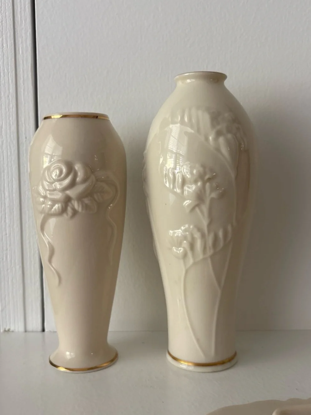 Lenox Cream Ceramic Floral Relief Vase Set with Gold Trim Accent